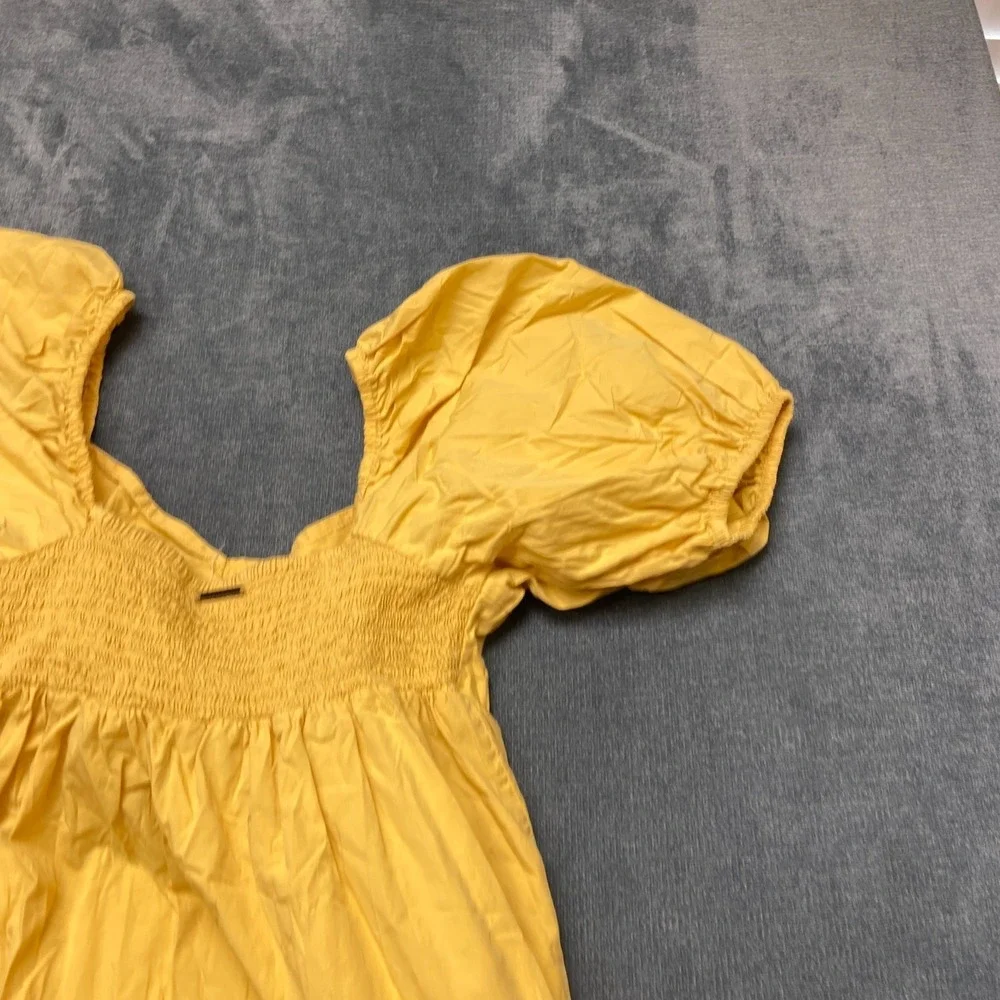 Billabong Mini Sundress Girls Medium Yellow Pleated Puff Sleeve Smocked Back